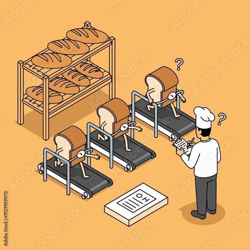 Baker inspecting bread on conveyor belt in a bakery production line.