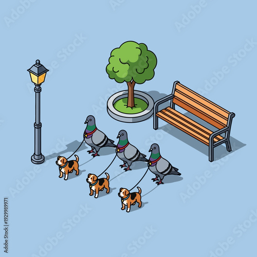 Isometric illustration of people walking dogs in a park with a bench and street lamp.