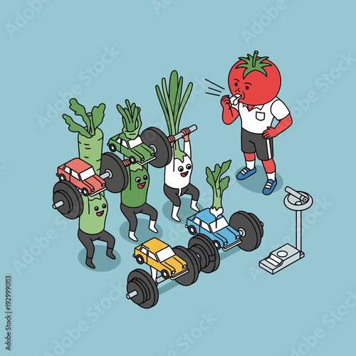 Cartoon vegetables lifting cars with anthropomorphic characters.