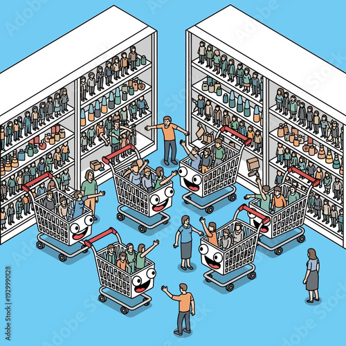 Crowded supermarket with shoppers and full shelves.