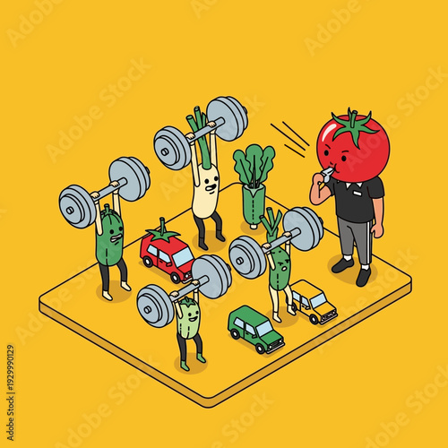 Cartoon vegetables exercising with weights and cars.