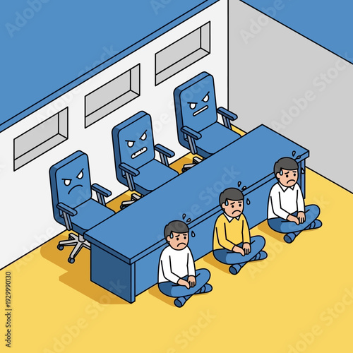 Three people sitting on the floor in a meeting room with unhappy chairs.