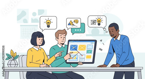 Three colleagues collaborating around a table with a large screen displaying various graphic elements