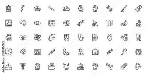 Hospital icon set. Medical vector icons pack. Includes doctor, nurse, ambulance, medicine, surgery, heart, brain, dna and more. Editable thin line healthcare symbols.