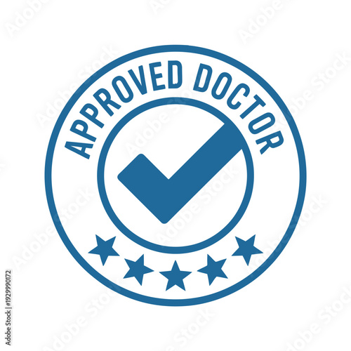Circular rubber stamp graphic shows five stars and a bold checkmark confirming doctor.