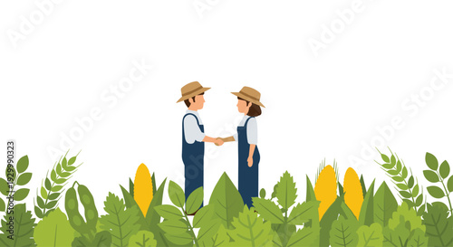 A male and female farmer wearing straw hats and blue overalls shake hands behind a thick border of green crops and yellow corn cobs.