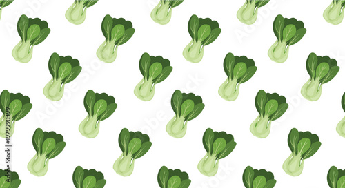 A seamless pattern of bok choy vegetables with light green stems and dark green leaves arranged diagonally across a solid white background.