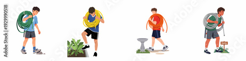 Young men carrying garden hoses for watering plants and yard work in diverse outdoor settings, illustrating gardening efforts.