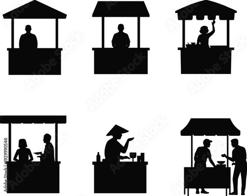 Market stall vendors silhouettes vector set, street food kiosks and sellers serving customers isolated on white background, retail marketplace illustration