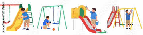 Boy cleaning and sanitizing playground equipment including slides and swings, ensuring a safe and hygienic environment for children's outdoor play.