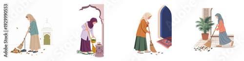 Muslim women sweeping and maintaining cleanliness in various cultural settings, depicting daily chores and traditional attire.