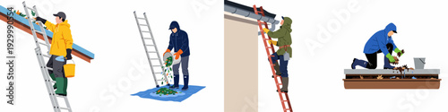 Gutter and roof cleaning during autumn: people on ladders and rooftops removing leaves and debris for home maintenance.