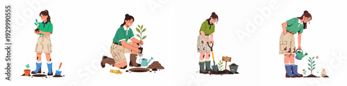 Woman planting and nurturing young trees, demonstrating environmental conservation, gardening, and sustainable living practices for a greener future.