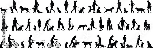 People walking dogs silhouettes set, men women and children with pets in park and city scenes, black vector illustration isolated on white background