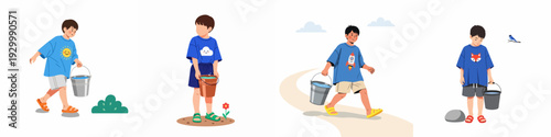 Set of young boys carrying water buckets for various tasks, illustrating children's summer activities, responsibility, and playful interactions with nature.