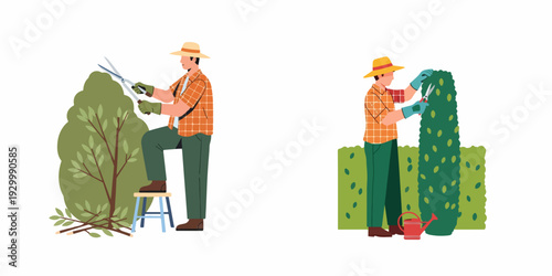 Male gardener actively pruning overgrown bushes and shaping hedges with tools, showcasing professional landscape maintenance tasks.