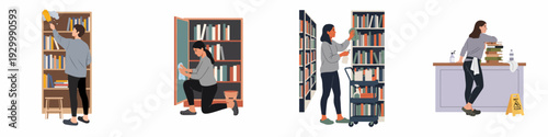 Library Staff Engaged in Various Cleaning and Organization Tasks, Ensuring Tidy Bookshelves and a Well-Maintained Reading Environment.