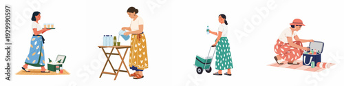 Women preparing and serving refreshments for outdoor gatherings and picnics, enjoying leisure activities.
