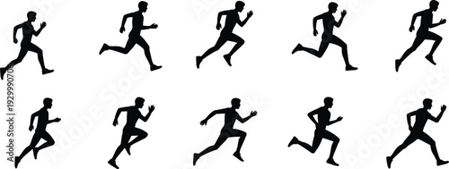 Running male athlete silhouettes collection, dynamic sprint and jog poses set, black vector illustration isolated on white background for sports fitness design