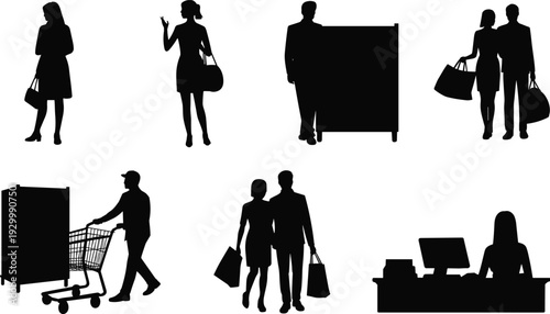 Shopping and business people silhouettes vector set, retail customers with bags, supermarket cart, cashier counter, isolated black figures illustration