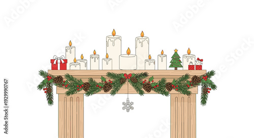 A wooden fireplace mantel decorated with a pine garland features several lit white candles alongside small gift boxes and a tiny Christmas tree.