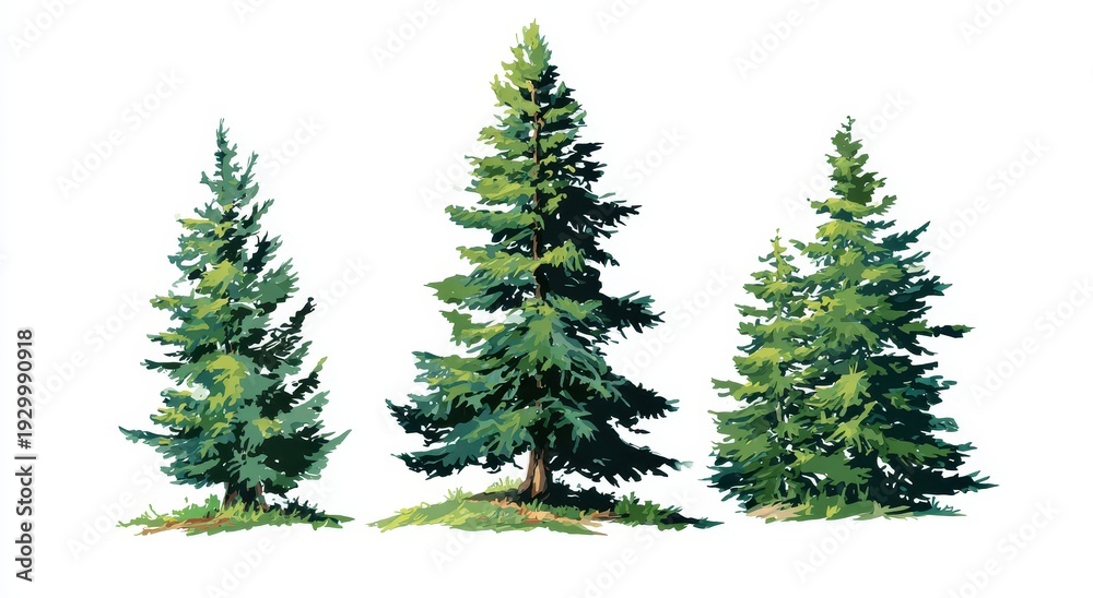 Obraz premium Watercolor Evergreen Trees - Lush Green Conifers on White Background.