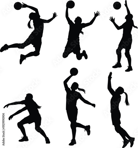 Women volleyball players silhouettes collection, dynamic female athletes spike serve block receive poses, black vector illustration isolated on white background