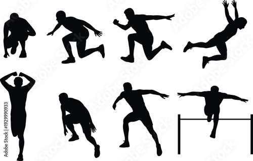 Track athlete silhouettes collection, sprint start running jump and hurdle poses set, dynamic sports vector illustration isolated on white background