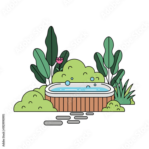 Celebrating National Hot Tub Day with a serene hot tub surrounded by lush greenery and a peaceful atmosphere