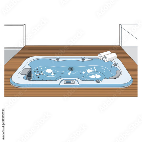Celebrating National Hot Tub Day with a serene spa scene featuring a hot tub on a wooden deck surrounded by white railings