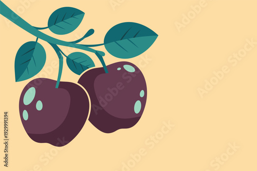 Fresh plums with leaves on branch