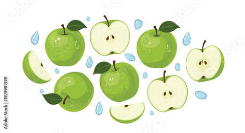 Whole and sliced green apples with fresh water droplets are arranged in a horizontal layout against a solid white background.