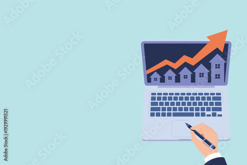 Businessman analyzing real estate market trends on laptop with increasing graph