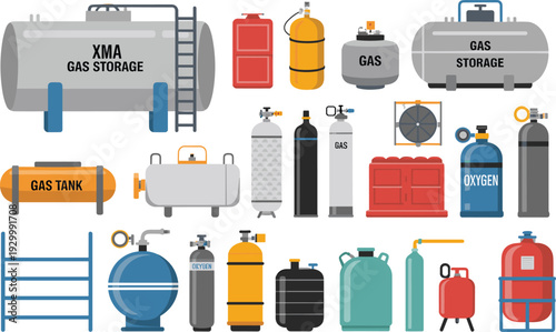 Industrial gas storage tanks and cylinders vector illustration set with oxygen propane containers isolated on white background