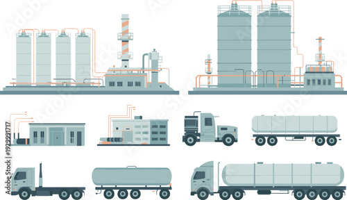 Industrial oil refinery and fuel transportation illustration featuring storage tanks, processing plant, pipelines, tanker trucks, and energy infrastructure system
