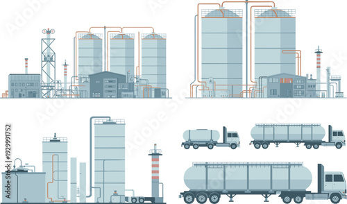 Industrial oil refinery complex with storage tanks, pipelines, processing units, and tanker trucks illustrating petroleum fuel production system