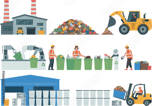 Industrial waste recycling facility illustration showing garbage sorting line, landfill operations, factory building, workers, machinery, bins, and sustainable management system
