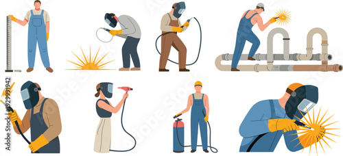 Industrial welders cutting and repairing metal pipes vector illustration set, construction workers using safety equipment in fabrication workshop