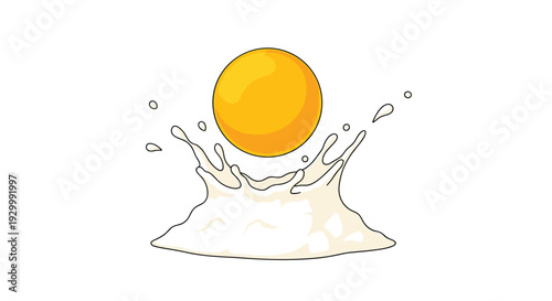 Close up illustration of a single yellow egg yolk splashing into a pile of white flour against a plain white background.