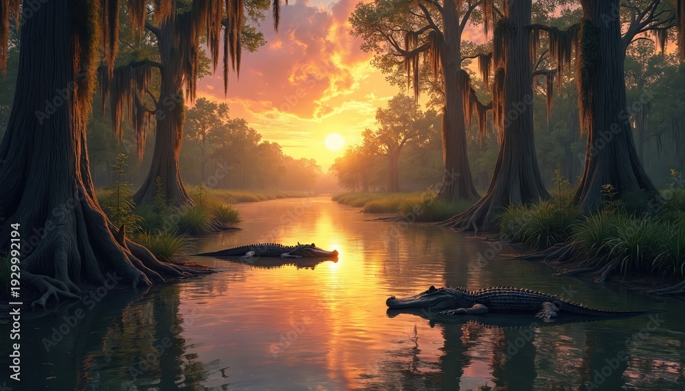 Fototapeta premium Two alligators rest in calm bayou water reflecting orange sunset sky. Cypress trees with moss hang over river bank. Gentle dusk light fills lush green wild nature scene. Peaceful wild animals swim.