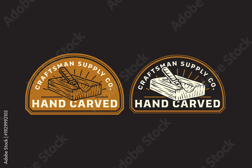 Wood carving chisel retro badge logo design set for craftsman. Hand carved wood block vintage patch symbol pack for woodworking. Wood chisel tool rustic emblem elements for carpentry workshop