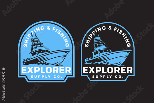 Sport fishing boat retro badge logo design set for marine. Offshore fishing vessel vintage patch symbol pack for marine explorer. Yacht cruiser rustic emblem elements for fishing sport