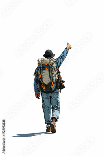 Backpacker with large travel bag walking away and giving thumbs up gesture.