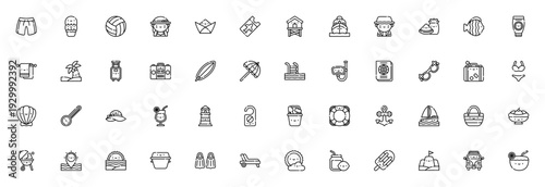 Summer holidays icon set. Vector travel and vacation symbols including shorts, ice cream, tourist, suitcase, beach, passport, cocktail, and more. Editable thin line icons.