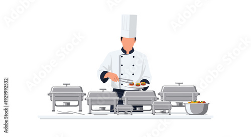 A chef wearing a white uniform and tall hat uses metal tongs to serve food from silver chafing dishes onto a plate at a professional buffet station.
