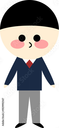 Cute Minimalist Schoolboy Character Illustration with Uniform, Red Tie, and Rosy Cheeks Flat Design