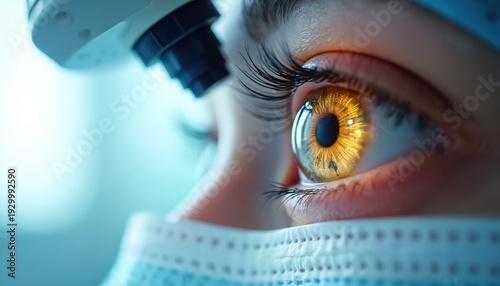 Close-up of a golden eye during eye surgery procedure with advanced medical equipment. A surgeon in mask and cap observes patient vision. Innovation in ophthalmic care.