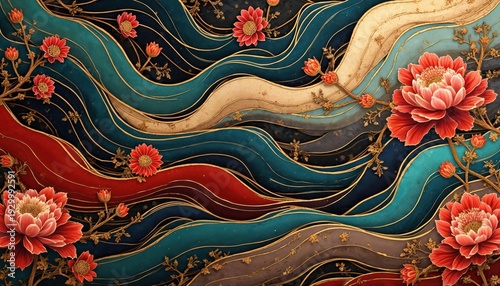 Abstract red flowers bloom in flowing waves of blue teal gold and deep navy. Stylized oriental pattern with intricate gold lines evoking nature and water movement. Luxurious ornamental art.