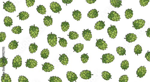 A dense pattern of individual green hops is scattered in various orientations across a white background to create a seamless botanical texture for brewing themes.