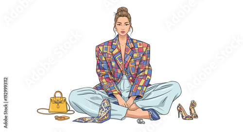 A fashionable woman wearing a vibrant geometric blazer and wide-leg trousers sits on the floor surrounded by luxury accessories including a yellow purse and heels.